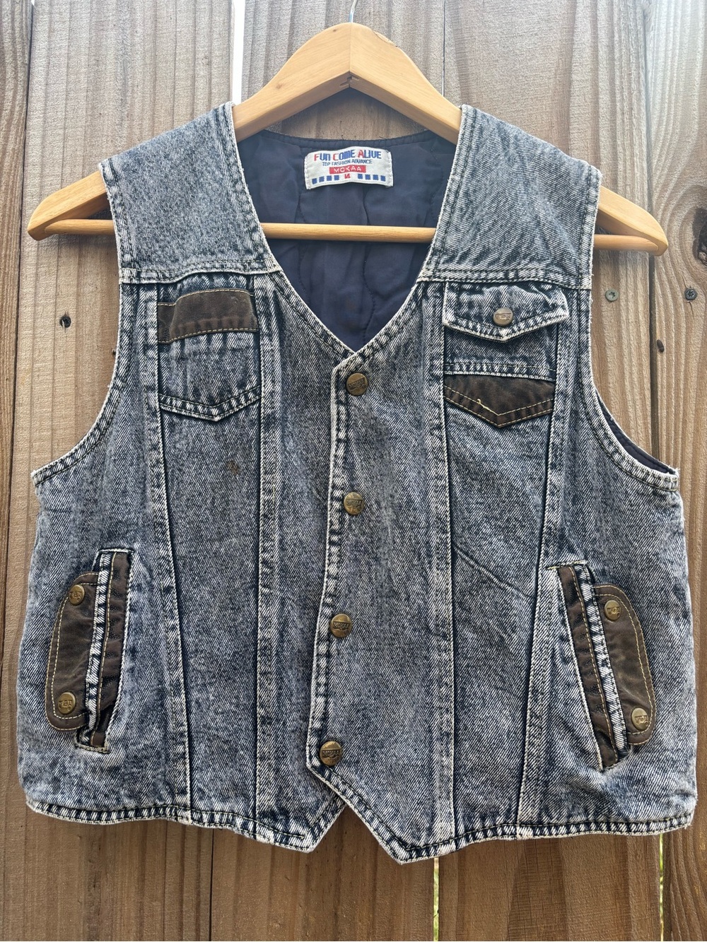 Vintage MOKAA Kids Size 14 Acid Wash Denim Vest Embroidered 90s Quilted